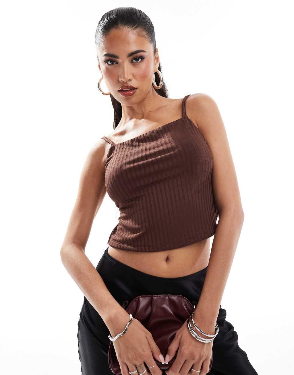 ASOS DESIGN rib double layer strappy backless cami top with square neck in chocolate Product Image