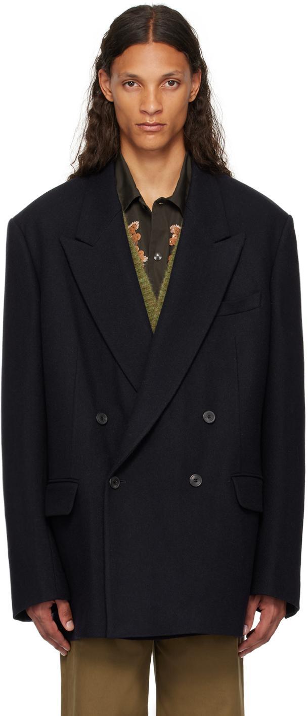 DRIES VAN NOTEN Midnight Blue Wool Blend Oversize Bishop Blazer In Navy Product Image