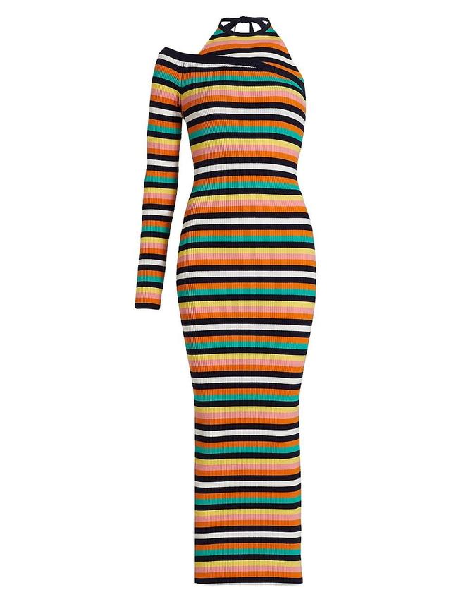 Womens Striped One-Sleeve Halter Midi-Dress Product Image