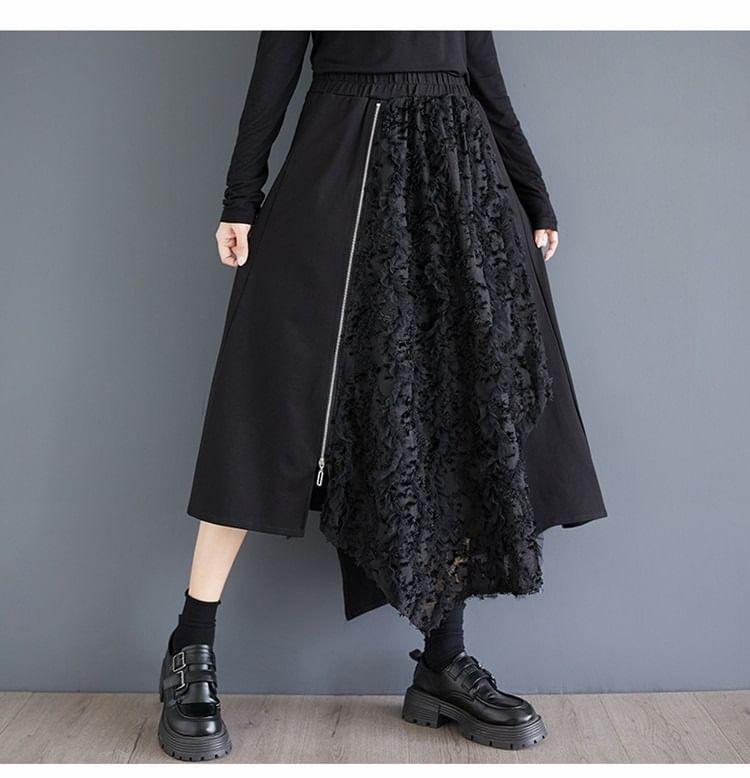 Elastic Waist Plain Frill Asymmetrical Panel Midi A-Line Skirt Product Image