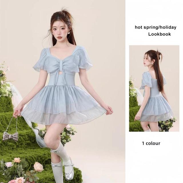 Puff Sleeve Sweetheart Neck Plain Bow Swimdress Product Image