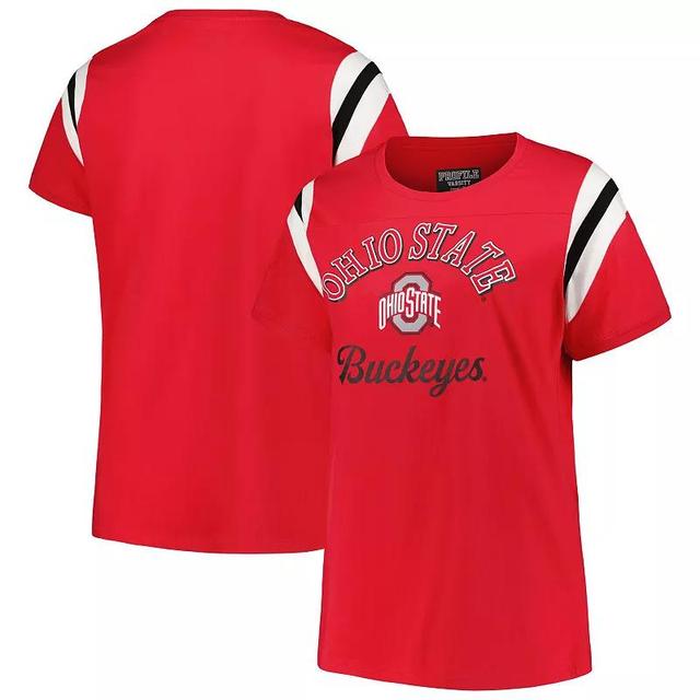 Womens Profile Scarlet Ohio State Buckeyes Plus Size Striped Tailgate Scoop Neck T-Shirt Product Image