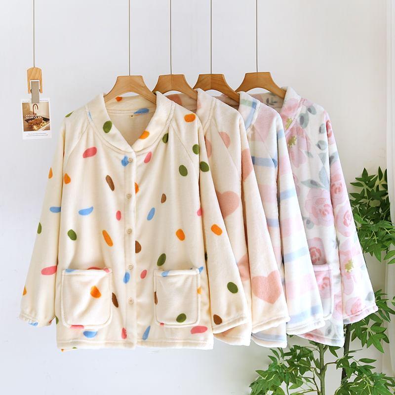 Collar Print Fleece Button Pajama Top Product Image