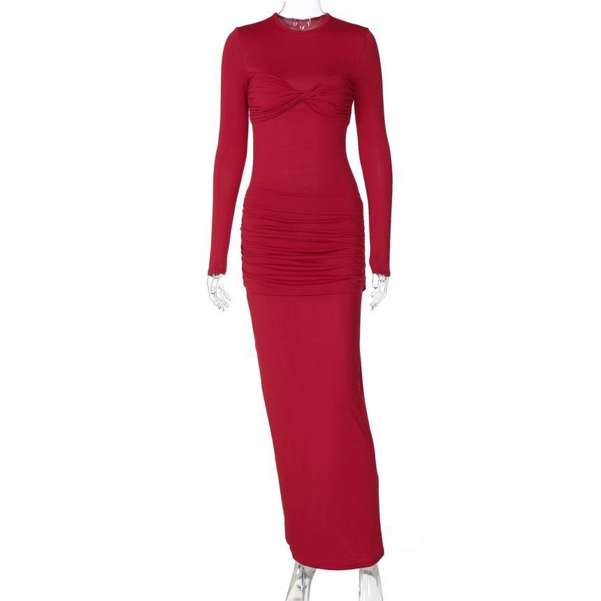 Long-Sleeve Crew Neck Plain Shirred Midi Bodycon Dress Product Image