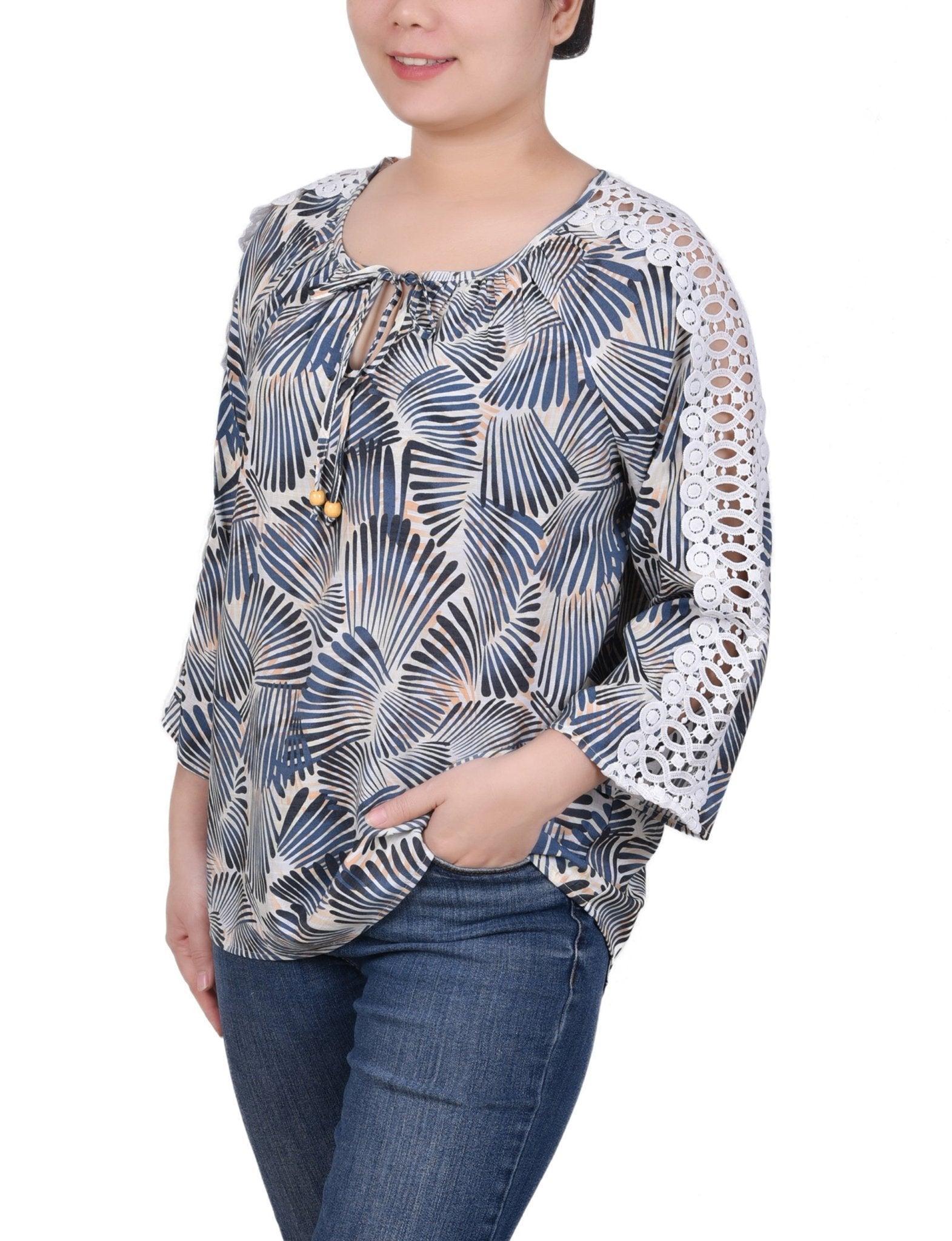 3/4 Length Sleeve Crochet Detail Blouse - Petite Product Image