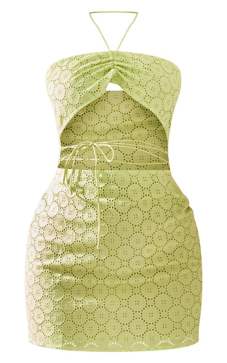 Sage Broderie Anglaise Cut Out Strap Detail Bodycon Dress Product Image