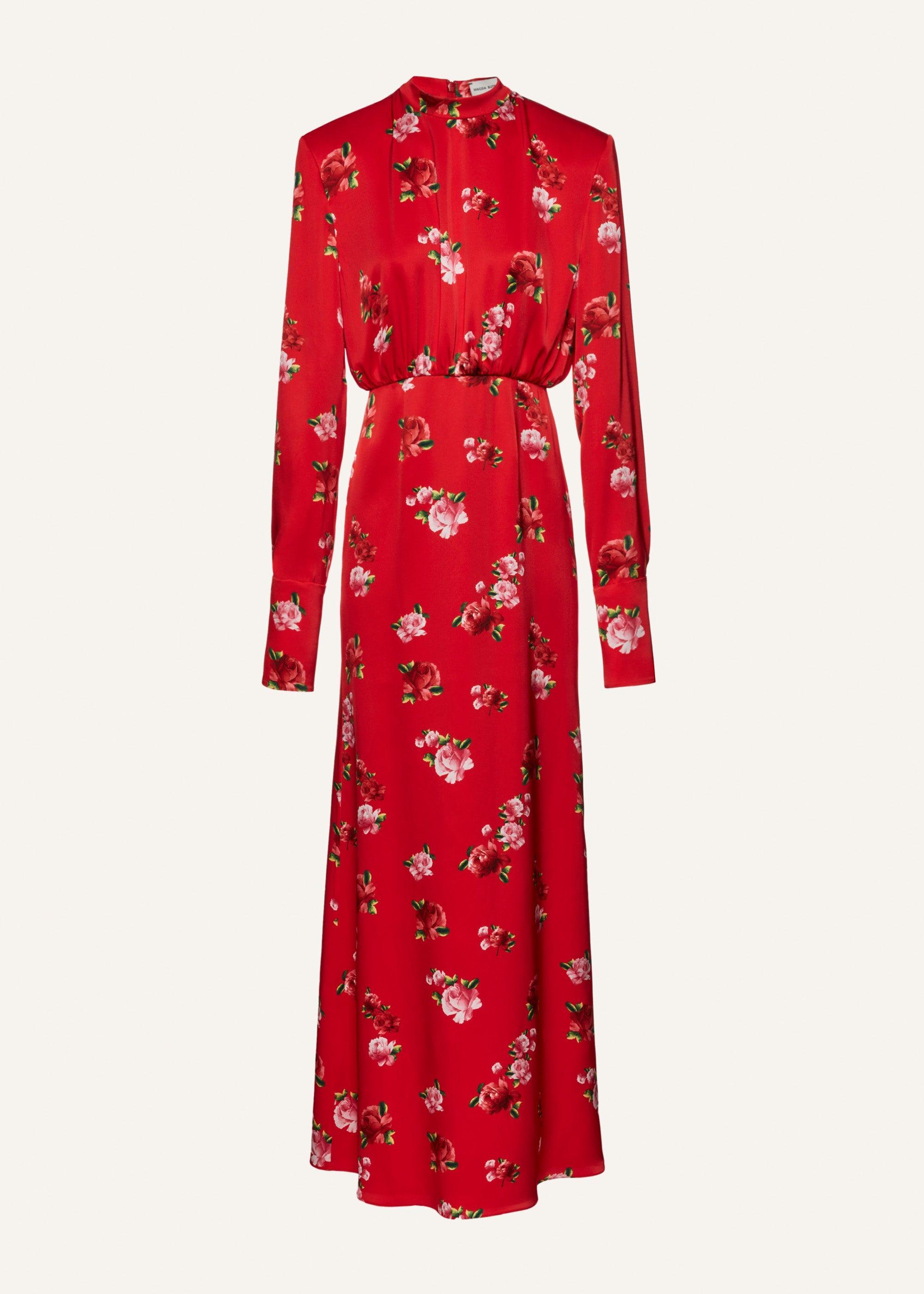 Silk round neck gown in red print Product Image