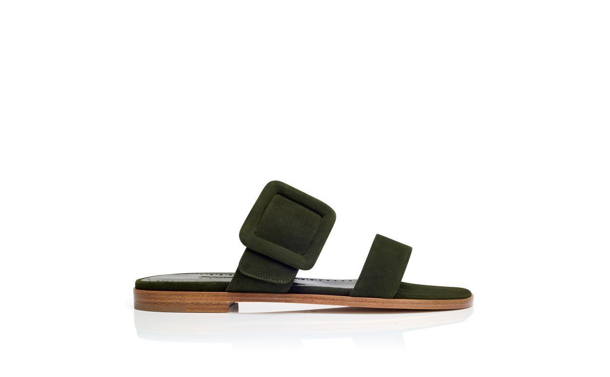 TITUBAFLAT Dark Green Suede Flat Sandals Product Image