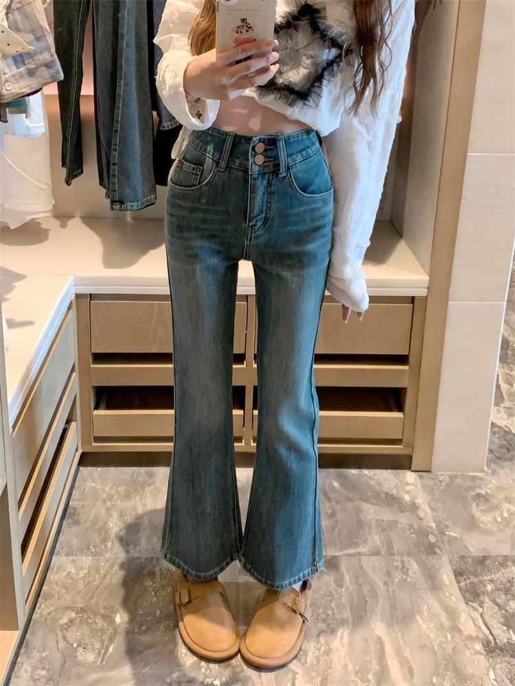 High Waist Washed Bootcut Jeans Product Image