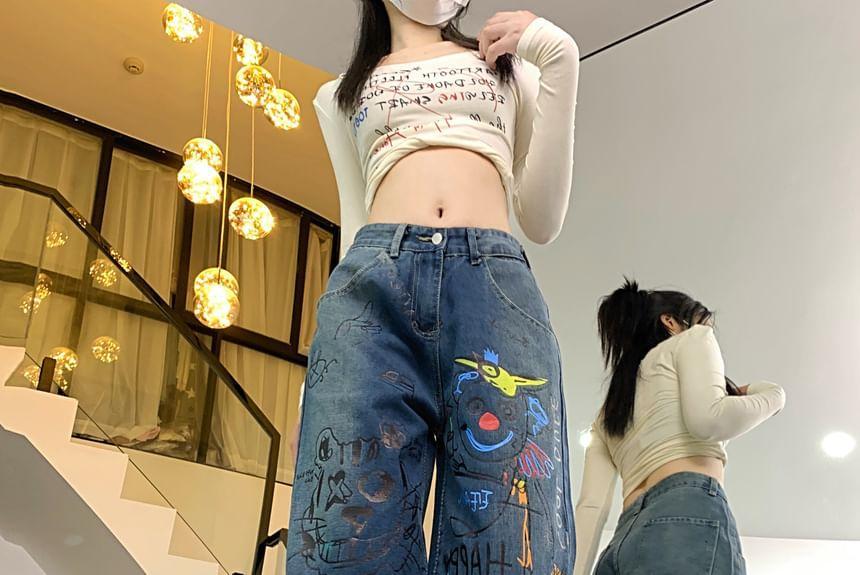 High Waist Print Wide Leg Jeans Product Image