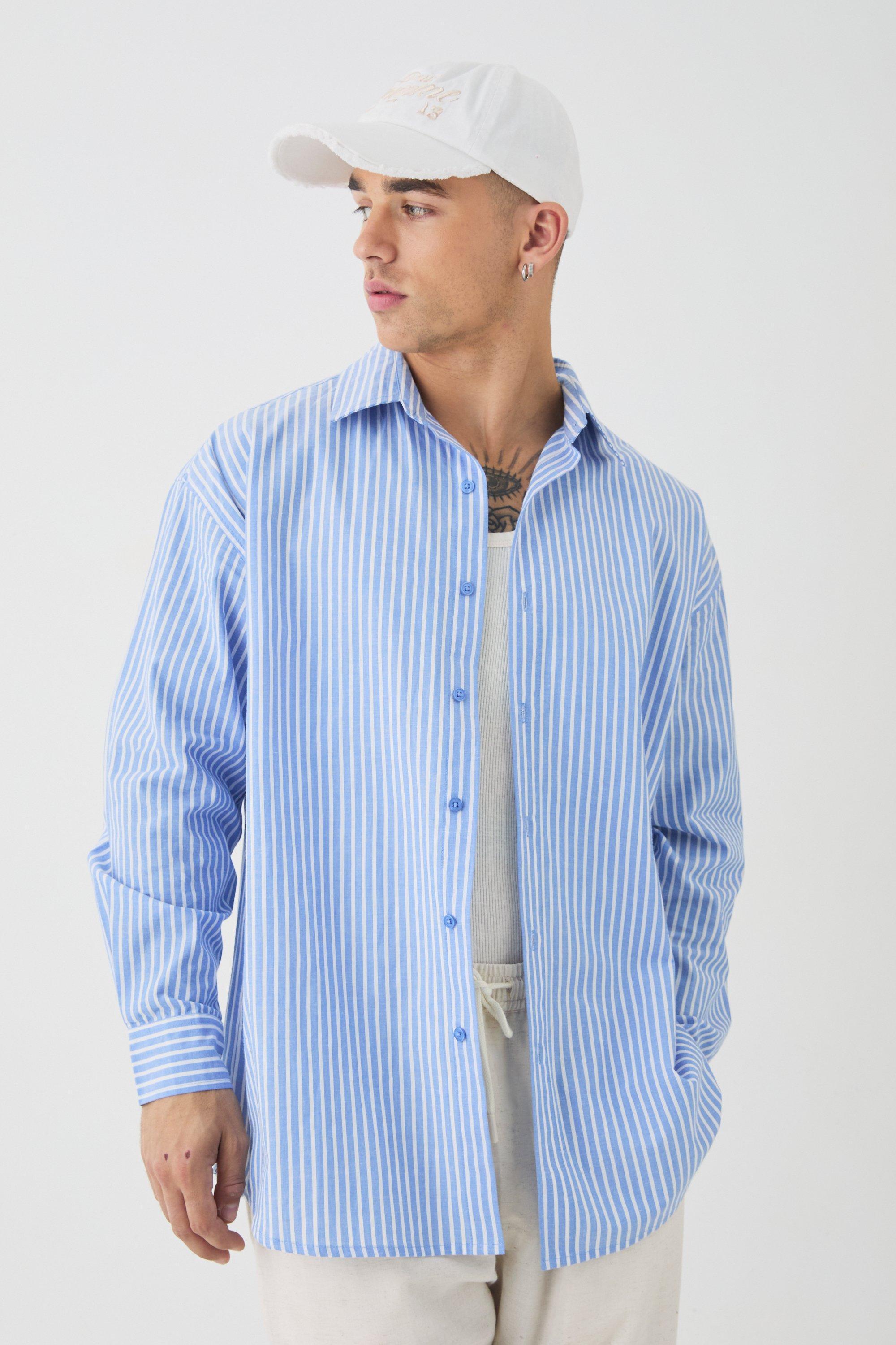 Oversized Long Sleeve Striped Shirt In Blue | boohooMAN USA Product Image