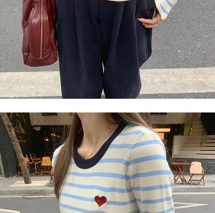 Long-Sleeve Crew Neck Striped Heart Embroidered Contrast Trim Slim Fit T-Shirt Product Image