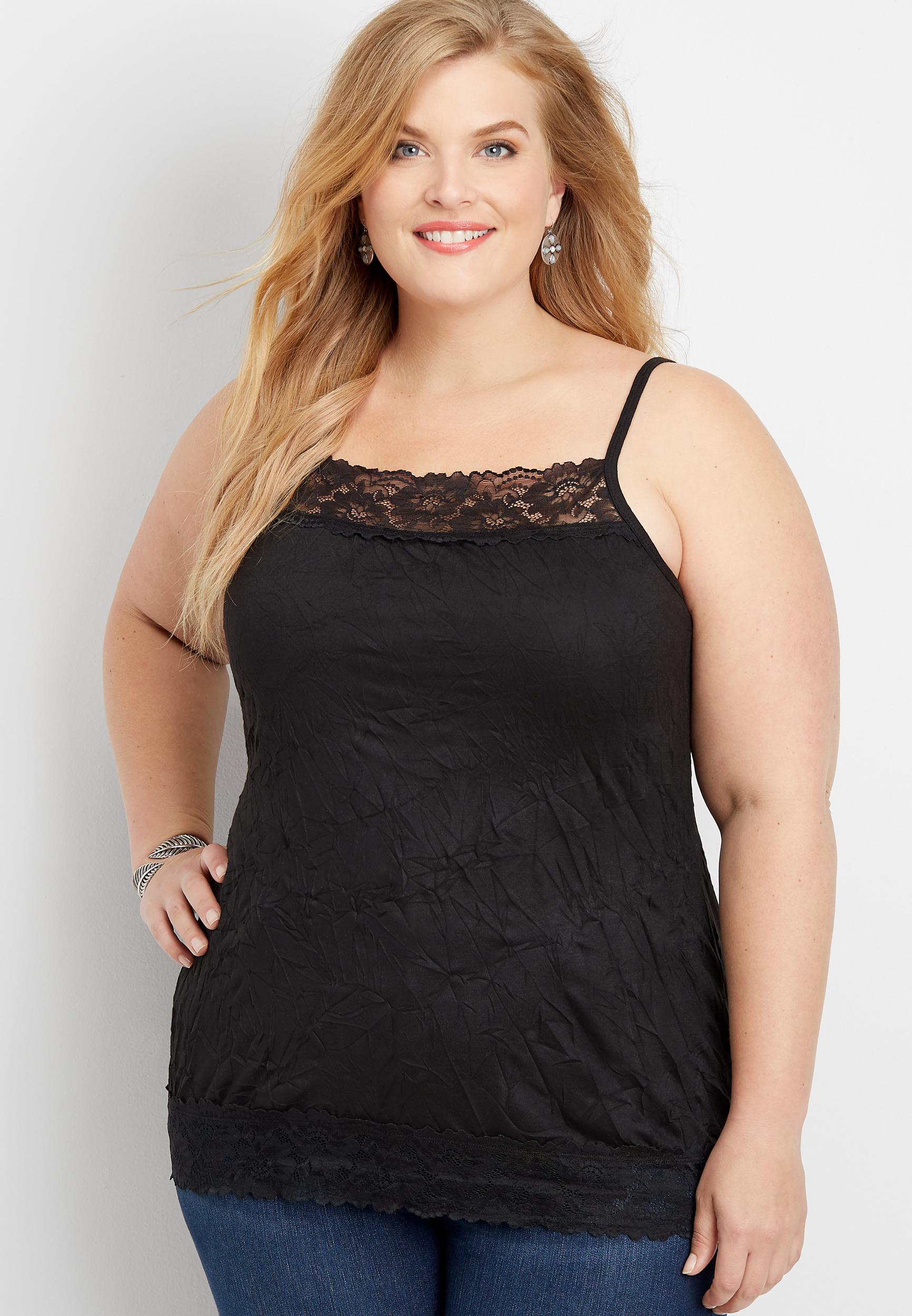 Maurices 2X Plus Size Womens Solid Lace Trim Crinkle Cami product image