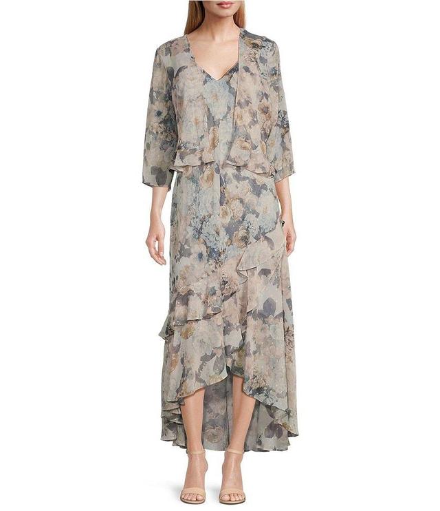 R & M Richards 3/4 Sleeve V-Neck Ruffle Hem Floral 2-Piece Jacket Dress Product Image