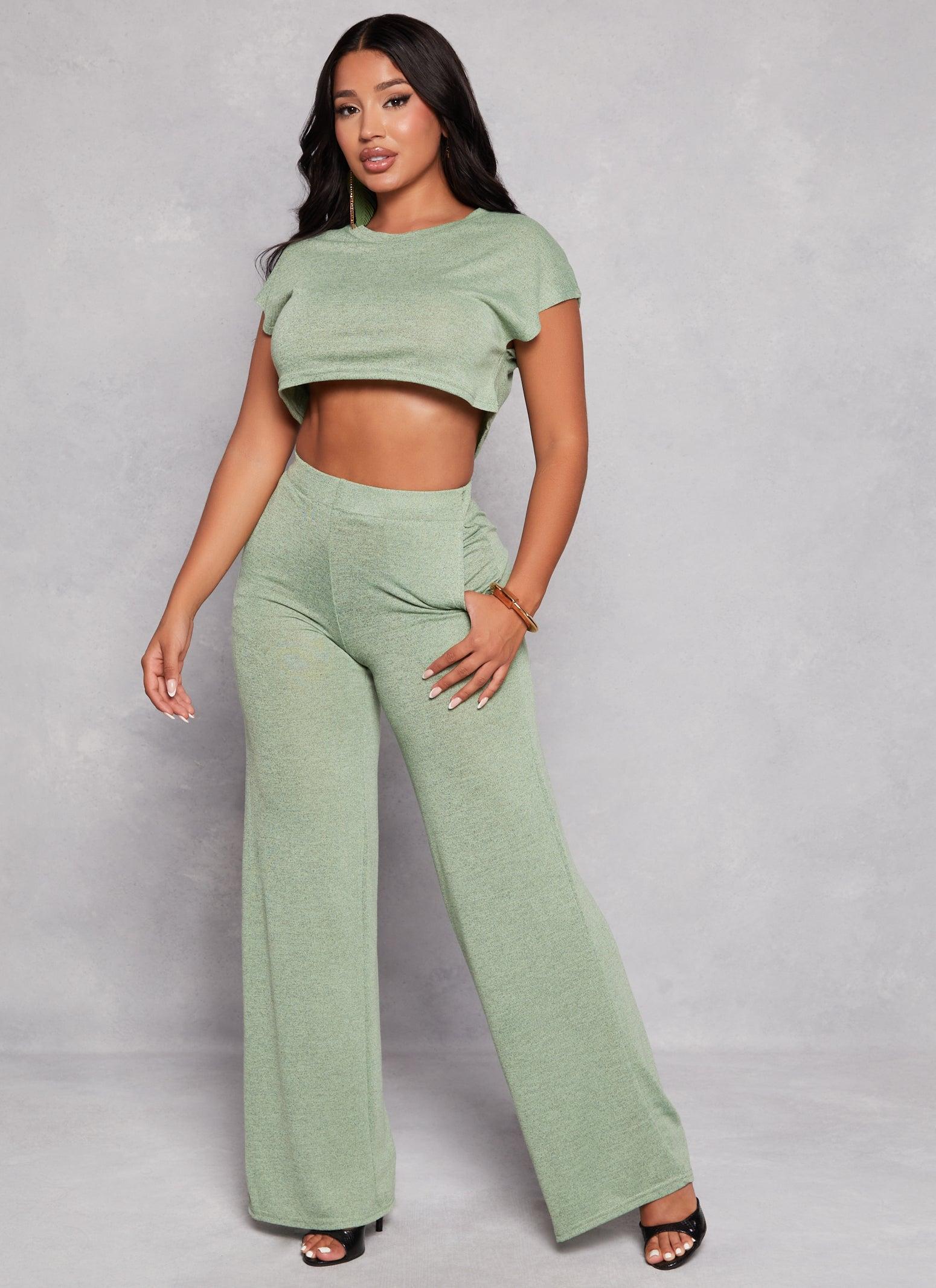 Womens Daisy Solid Brushed Knit High Waisted Wide Leg Pants Product Image