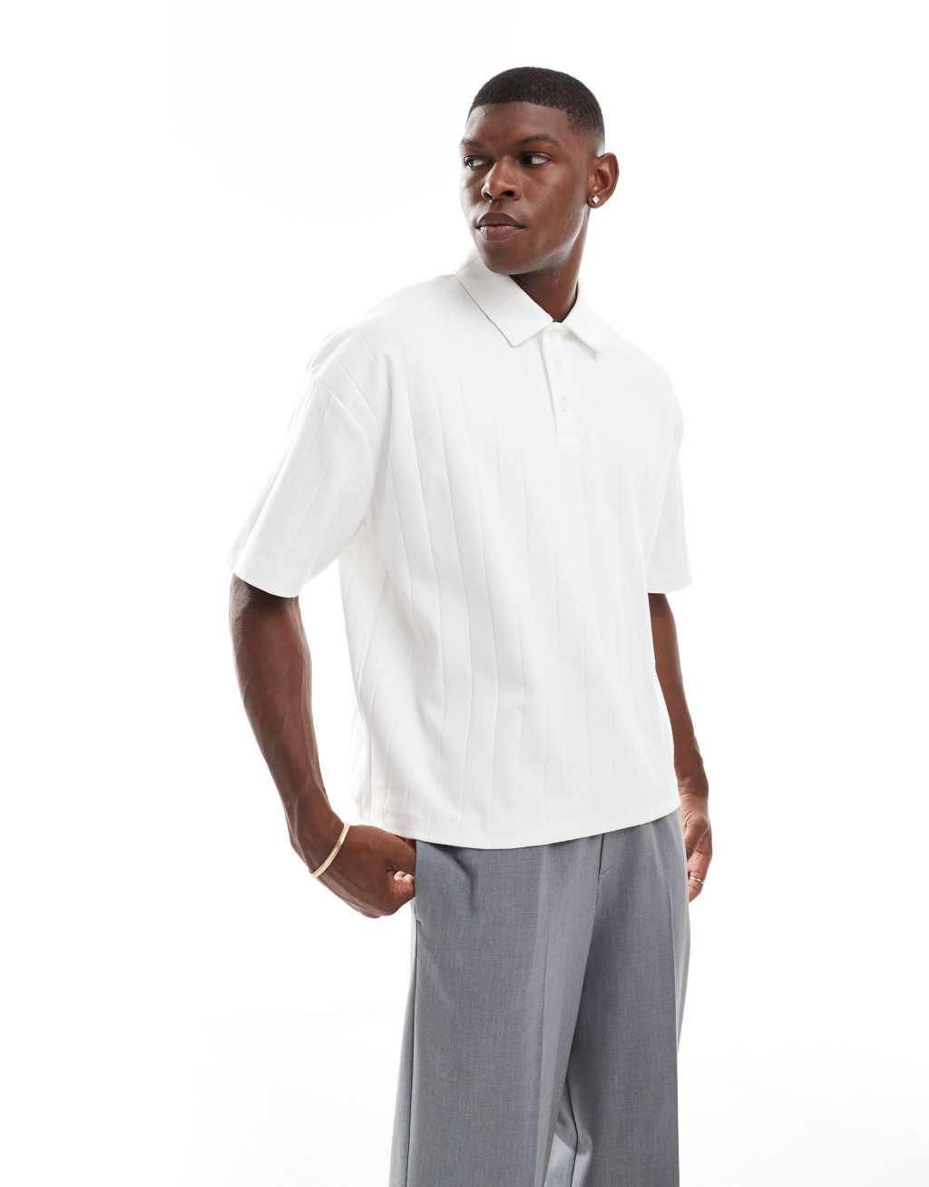 ASOS DESIGN oversized boxy polo with wide rib in white Product Image