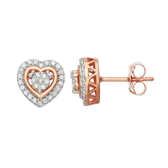 14k Rose Gold Over Silver 1/4 Carat T.W. Diamond Heart Stud Earrings, Womens, White Product Image