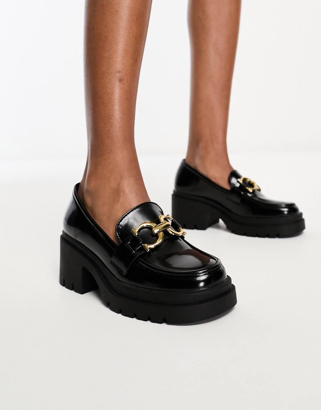 Glamorous chunky mid heeled loafers with buckle in black product image