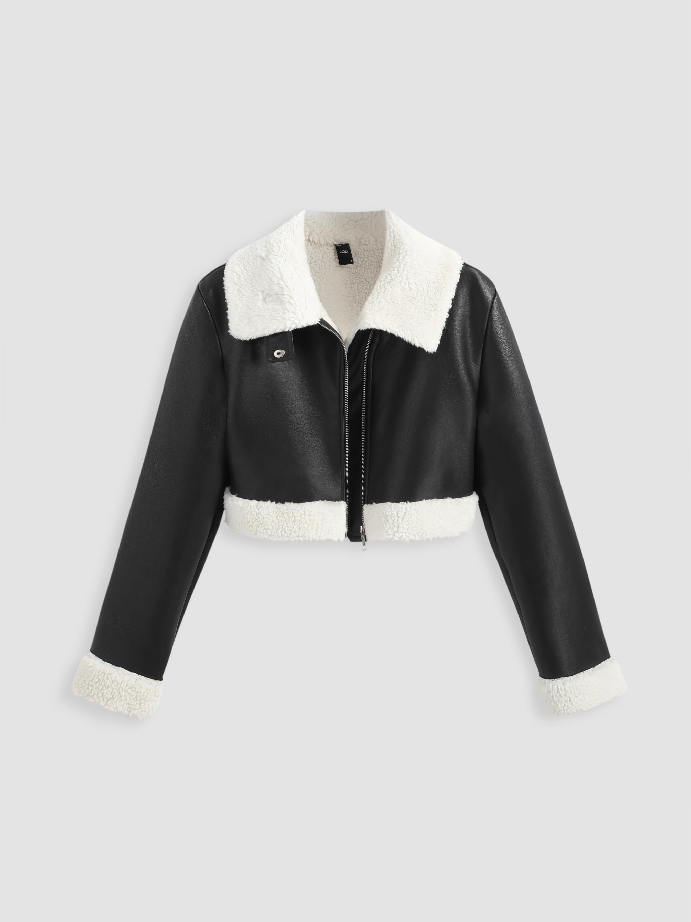 Faux Shearling Collar Crop Jacket Product Image