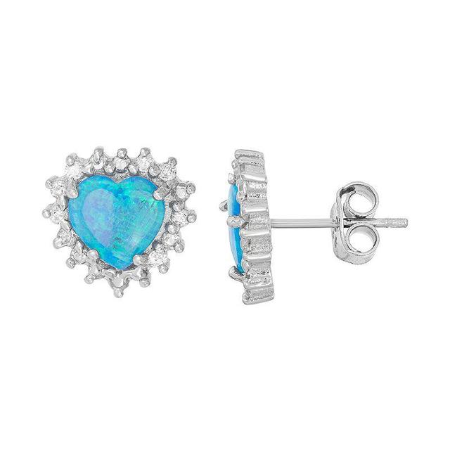 Lab-Created Blue Opal & Cubic Zirconia Sterling Silver Heart Halo Stud Earrings, Womens Product Image