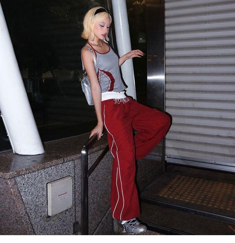 Elastic Waist Lettering Print Wide Leg Track Pants Product Image