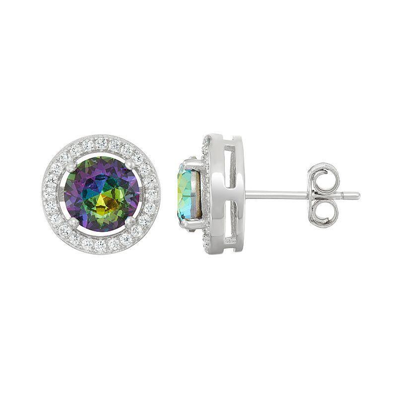 Sterling Silver Cubic Zirconia Halo Stud Earrings, Womens, Aurora Borealis Product Image