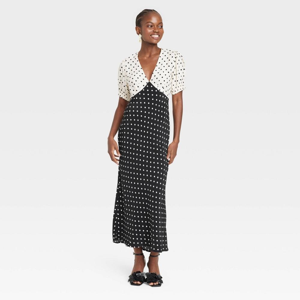 Womens Crepe Puff Short Sleeve Midi Dress - A New Day Polka Dots M Product Image