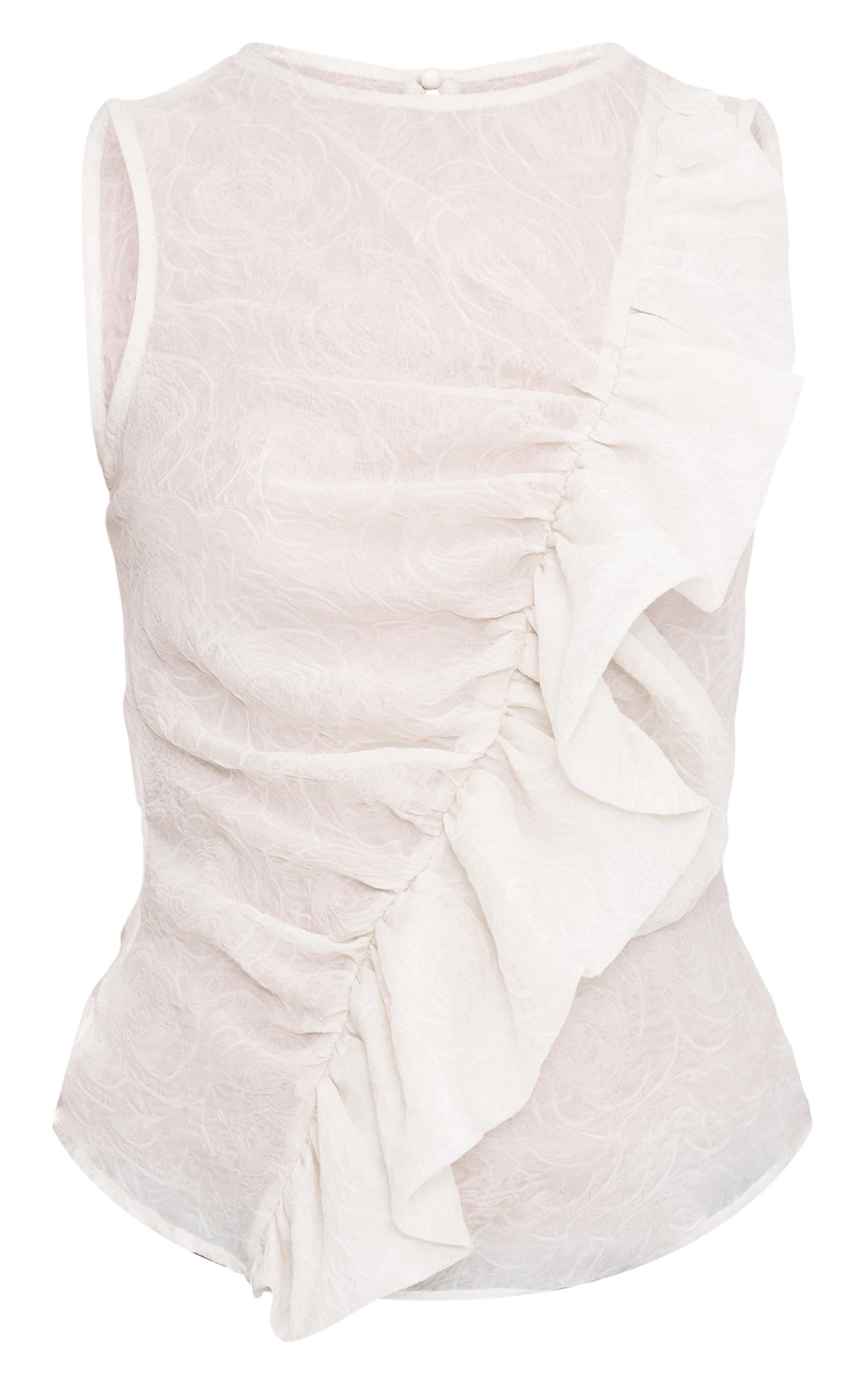 Nude Textured Fitted Chiffon Ruffle Detail Long Top Product Image