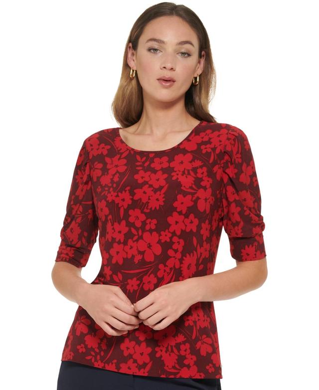 Tommy Hilfiger Womens Floral Print Puff-Sleeve Top - Winetasting Product Image