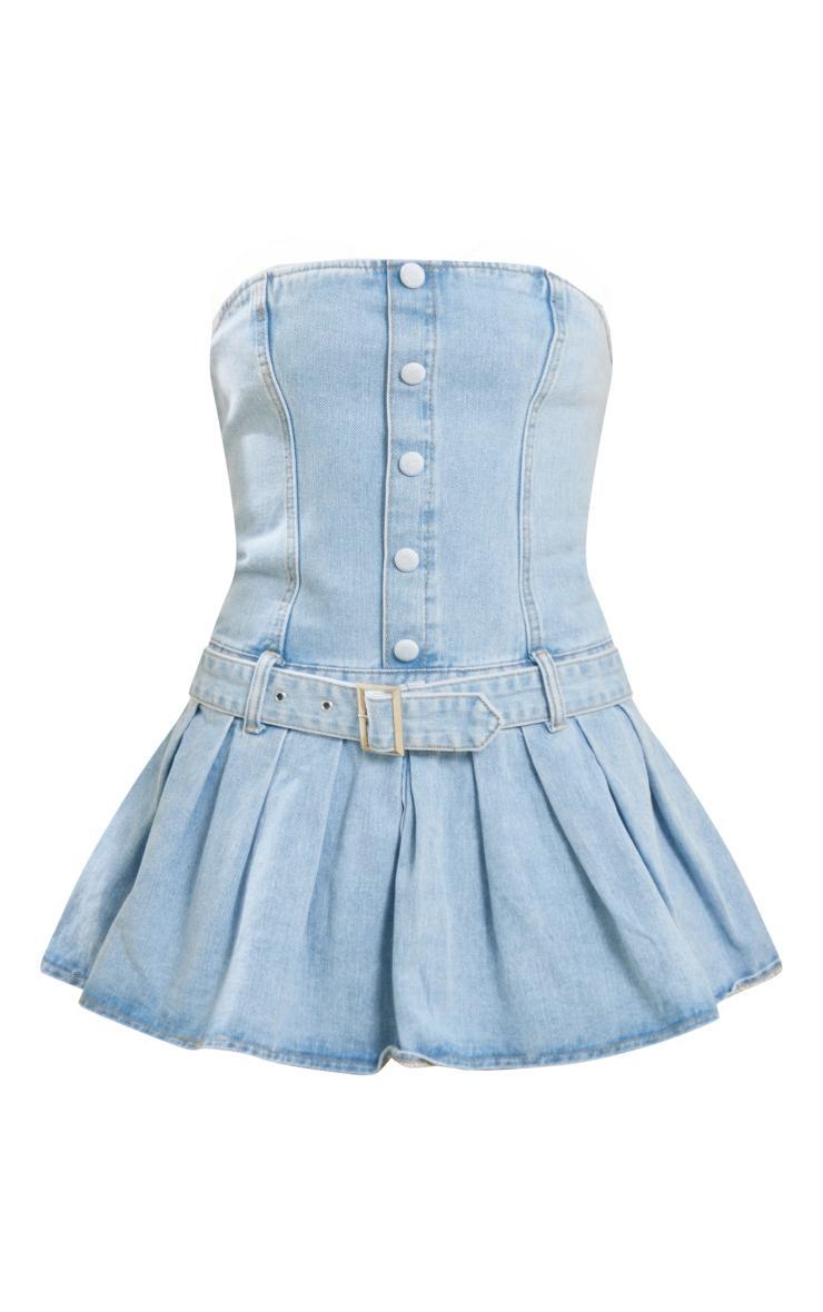 Light Blue Wash Button Through Denim Micro Mini Pleated Dress Product Image