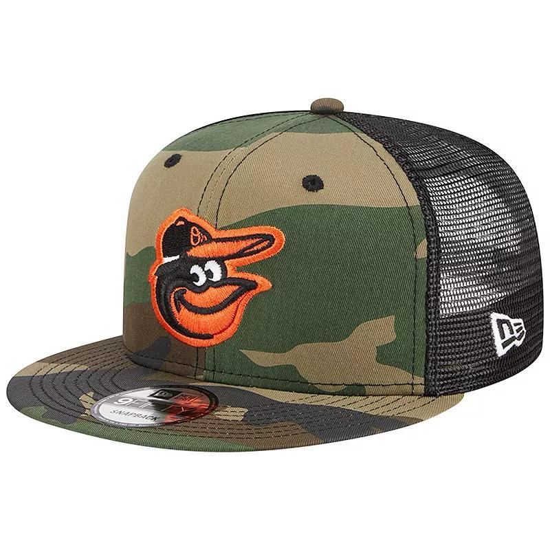 Mens New Era Camo Baltimore Orioles Woodland Camo Trucker 9FIFTY Snapback Hat Product Image