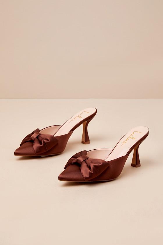 Bettanie Chocolate Satin Bow High Heel Mules Product Image