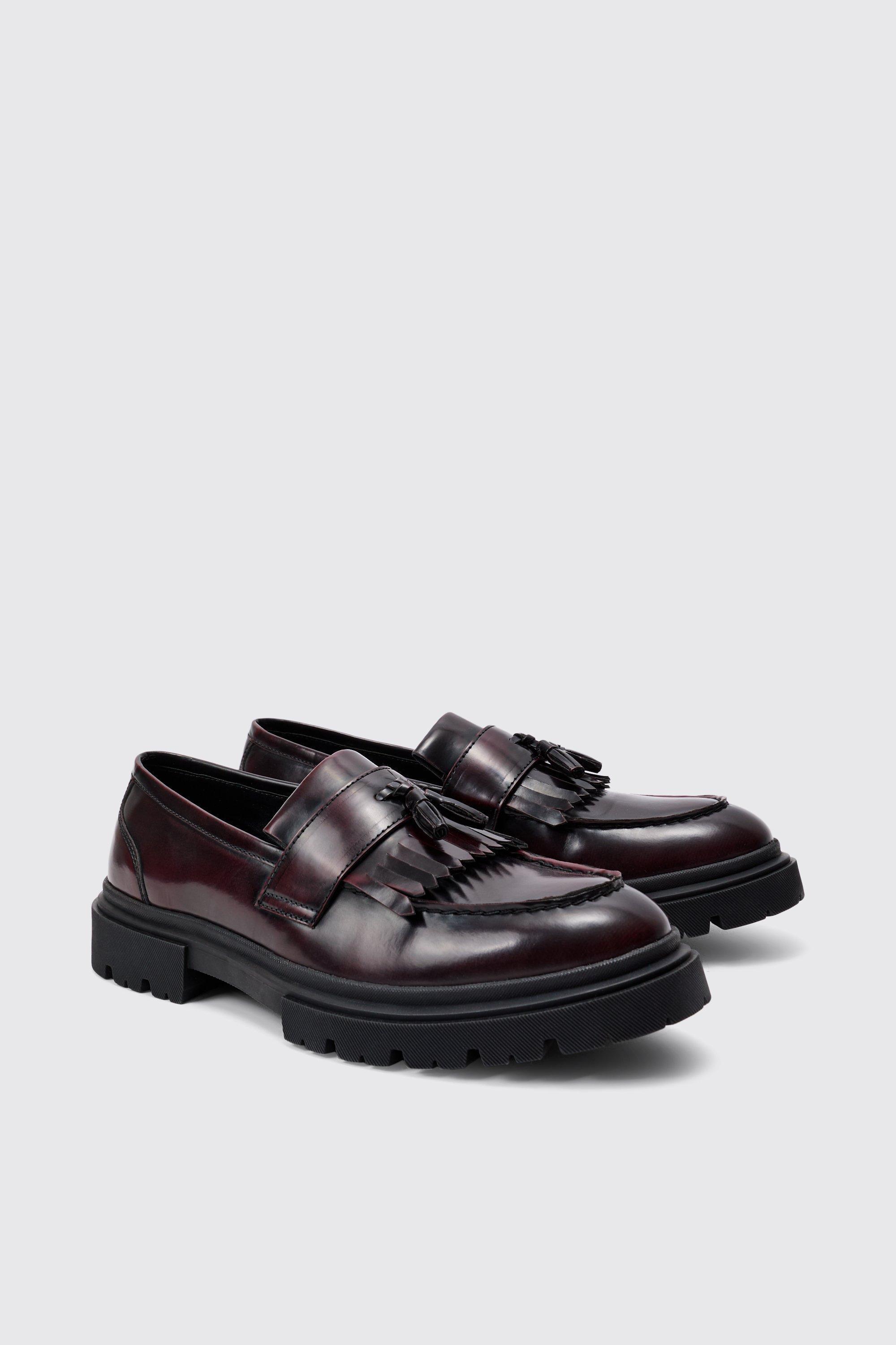 Brushed Pu Fringe Detail Loafer In Burgundy | boohooMAN USA Product Image