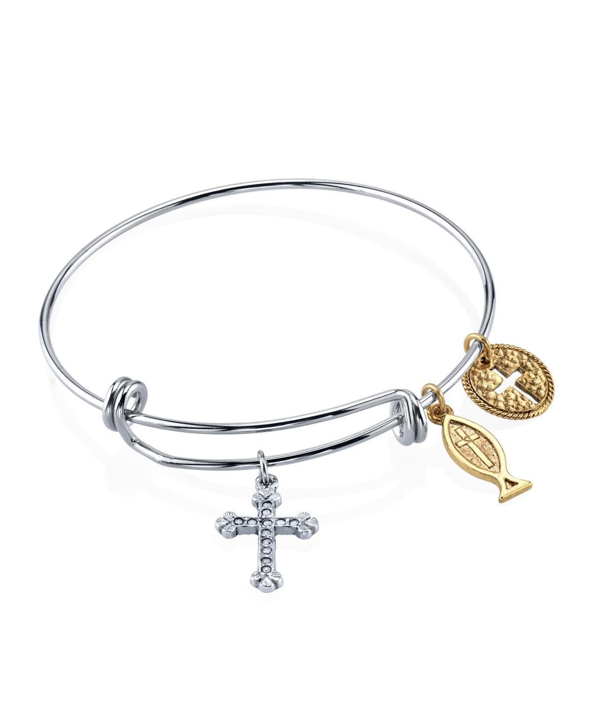 1928 14k Gold-Plated Cross Fish & Medallion Bangle Bracelet, Womens, Silver Tone Product Image