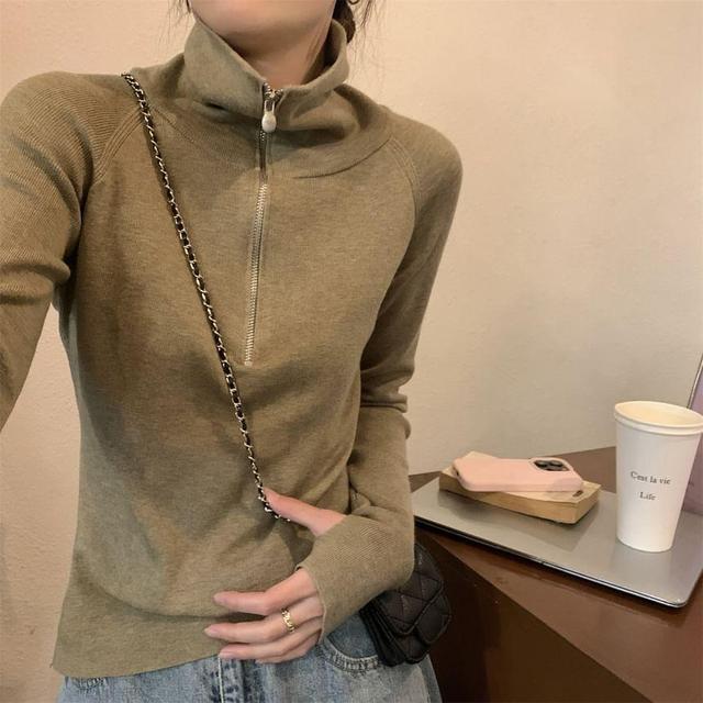 Long-Sleeve Stand Collar Plain Half-Zip Slim Fit Knit Top Product Image