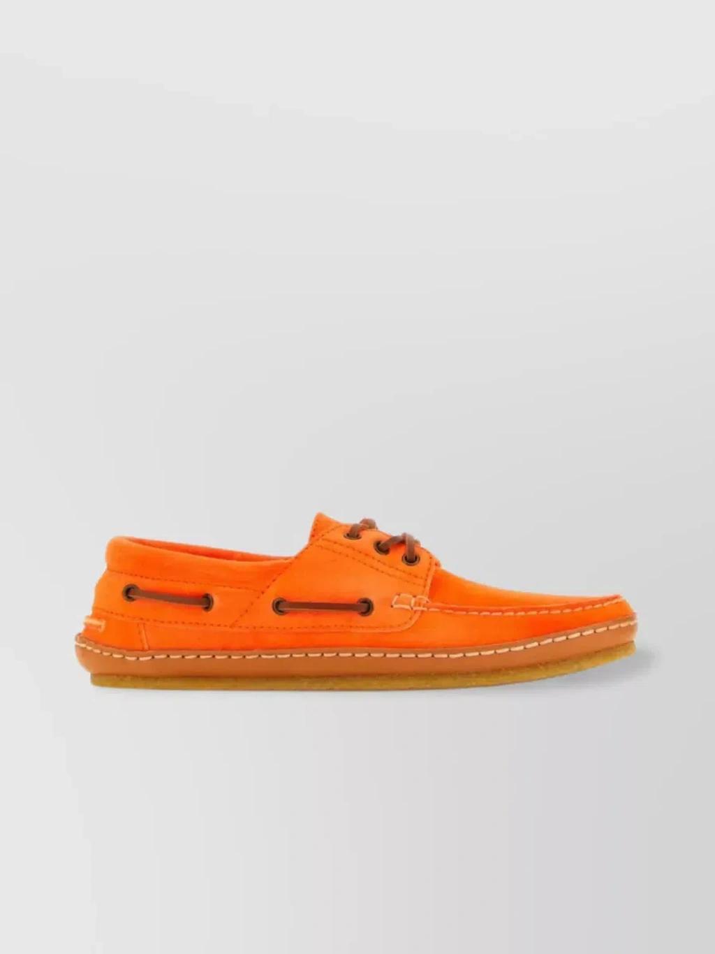 Suede Loafers With Vibrant Stitching And Eyelet Detail In Orange Product Image