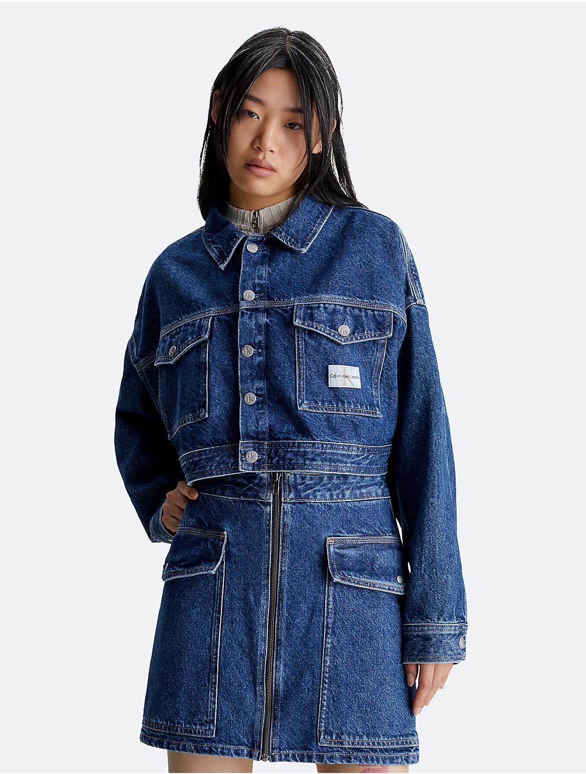 Calvin Klein Womens Boxy Cropped Denim Jacket - Blue - XL Product Image