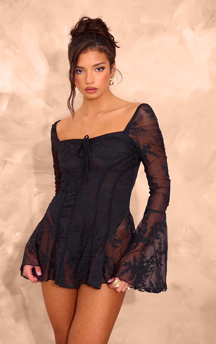 Black Lace Binding Detail Flare Sleeve Romper Product Image