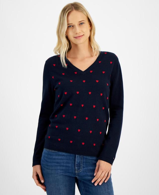 Tommy Hilfiger Womens Heart Print V-Neck Long-Sleeve Cotton Sweater Product Image