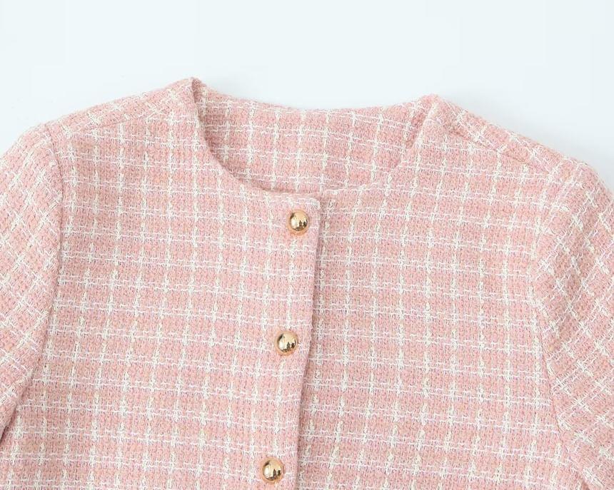 Round Neck Tweed Button Jacket / High Waist Shorts Product Image