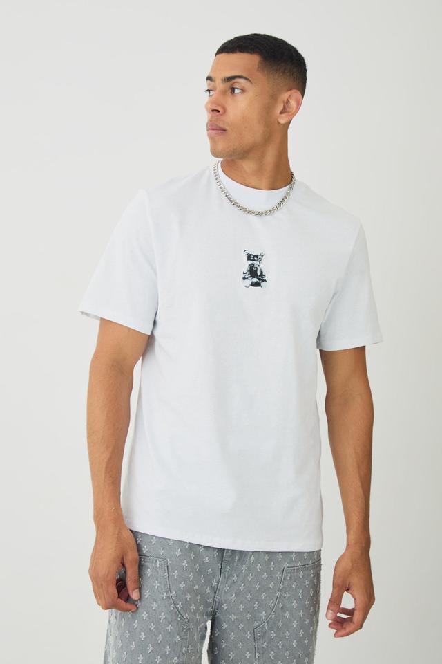 Mens White Extended Neck Metallic Bear T-shirt, White Product Image