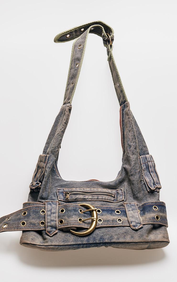 Blue Washed Denim Buckle Detail Tote Bag Product Image