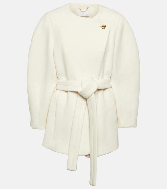 CHLOÉ Belted Wool-blend Coat In Eden White Product Image