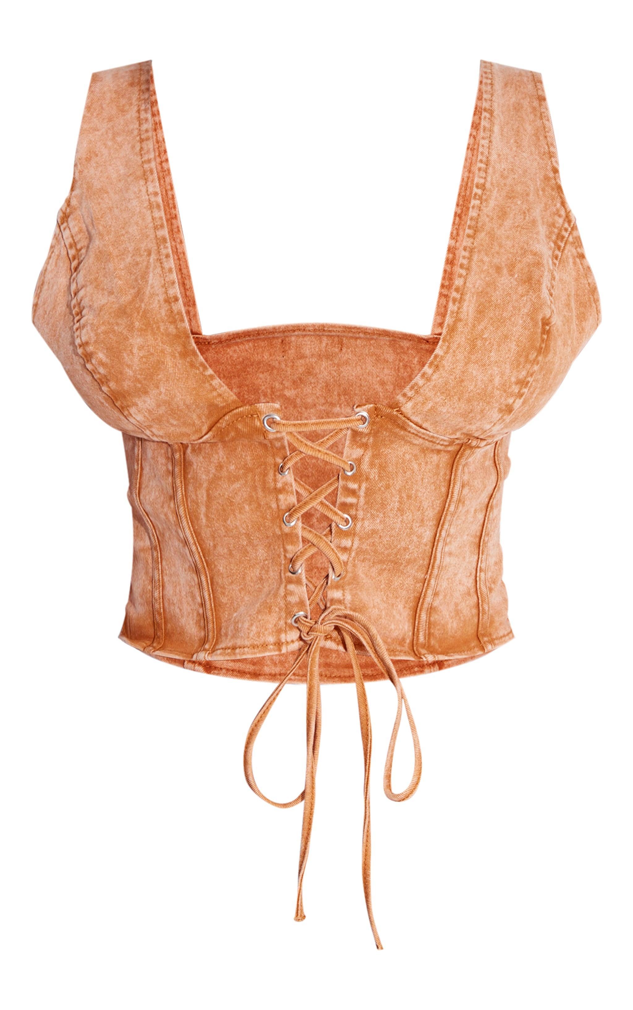 Shape Orange Washed Denim Lace Up Corset Top Product Image