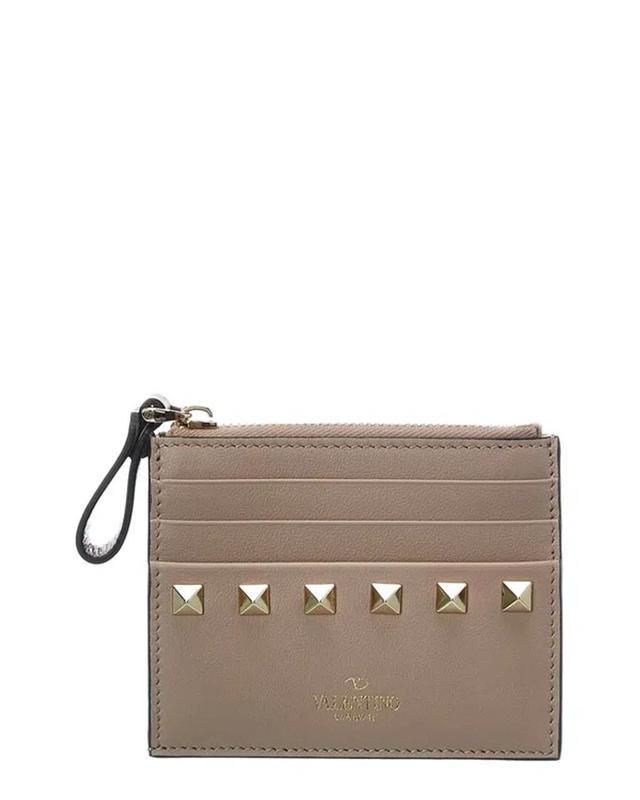 Rockstud Leather Card Holder In Pink Product Image