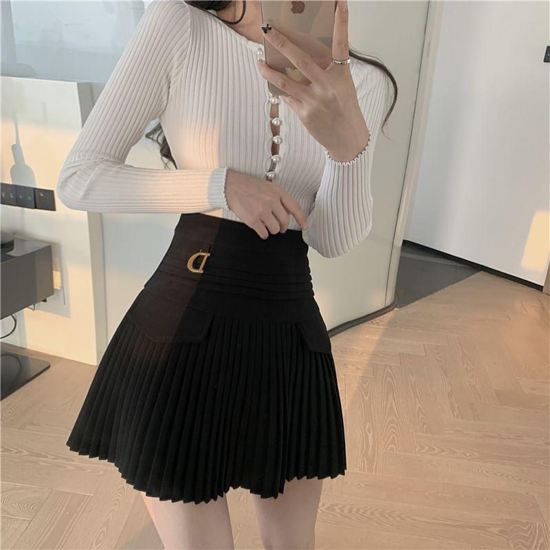 High Waist Lettering Accordion Pleat Mini A-Line Skirt product image