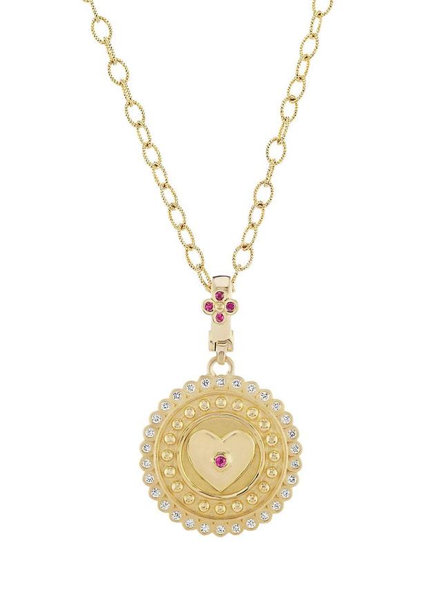 Womens Heart 18K Yellow Gold, Ruby & 0.24 TCW Diamond Medallion Pendant Necklace Product Image