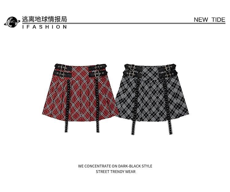 High Waist Plaid Buckled Pleated Mini A-Line Skirt Product Image