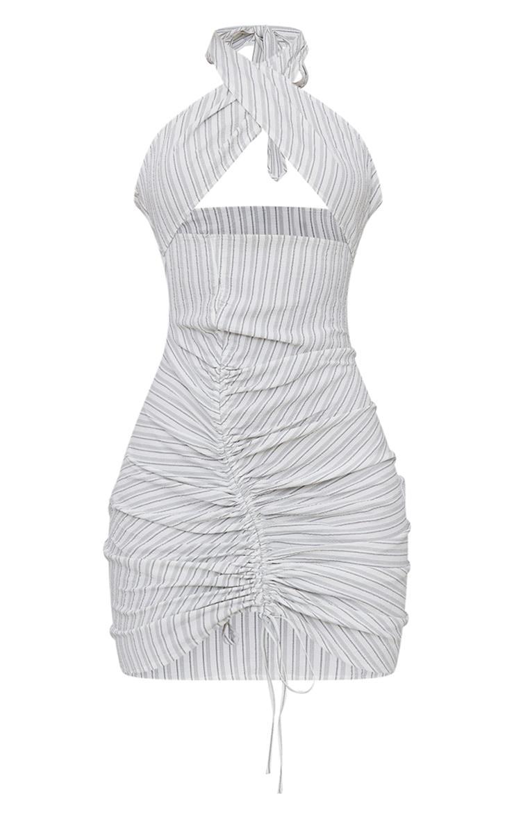 Grey Stripe Textured Wrap Neck Ruched Bodycon Dress Product Image