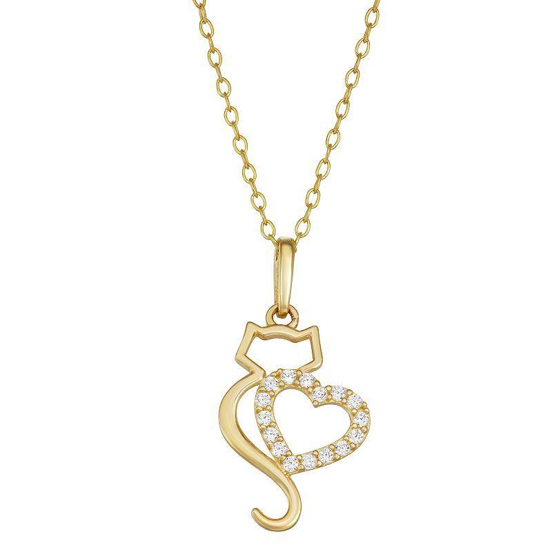 10k Gold Cubic Zirconia Cat & Heart Pendant Necklace, Womens White Product Image